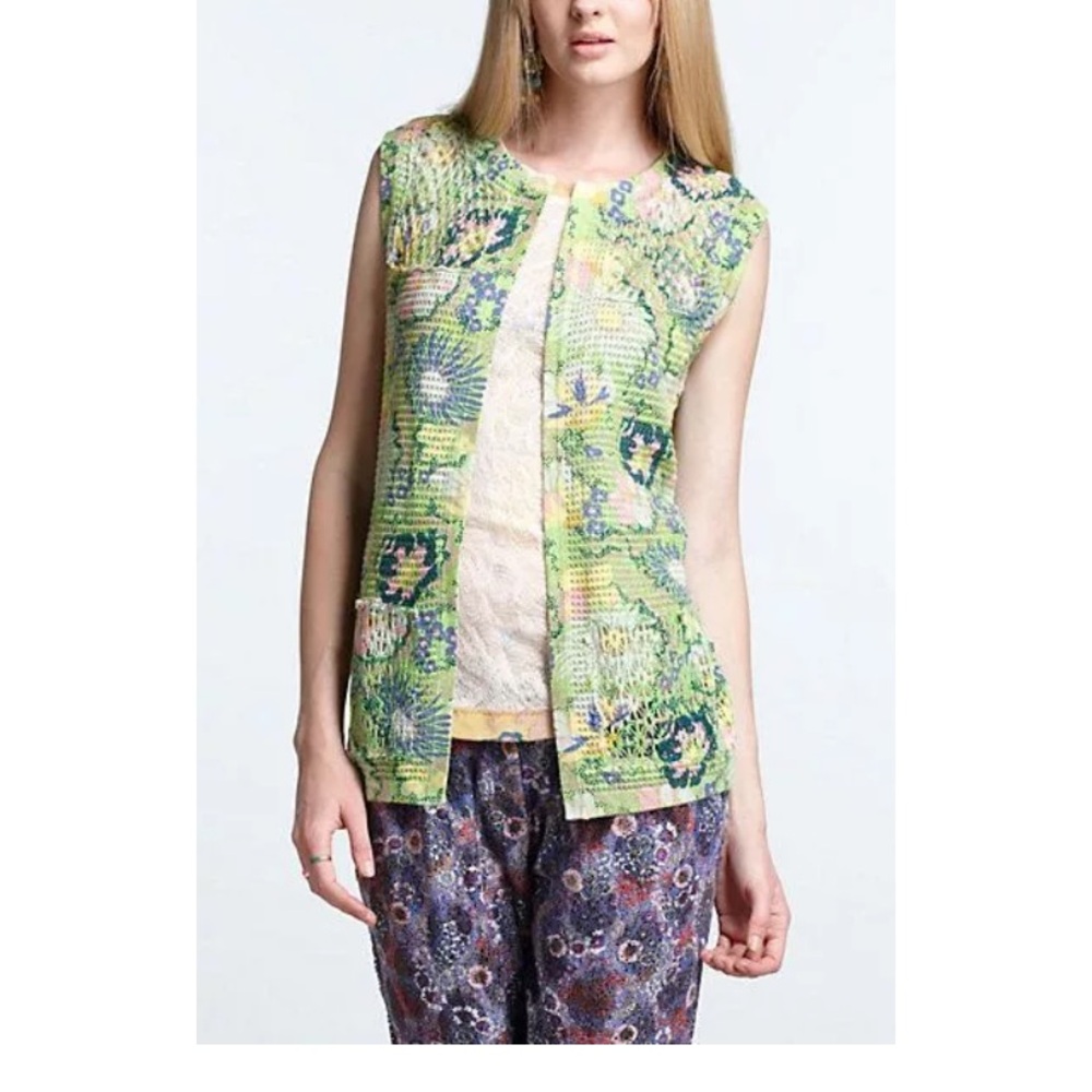 Anthropologie Sweater S GREGORY Vest WASABI Pointelle Cardigan Cotton Floral NWT